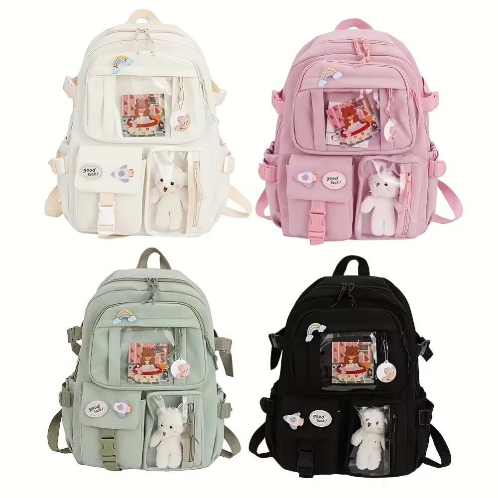 Kawaii Backpack, Clear Pocket Front School Bag, Casual Functional Travel Bookbag