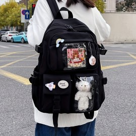 Kawaii Backpack, Clear Pocket Front School Bag, Casual Functional Travel Bookbag