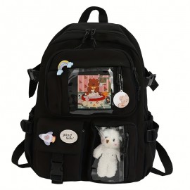 Kawaii Backpack, Clear Pocket Front School Bag, Casual Functional Travel Bookbag