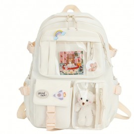 Kawaii Backpack, Clear Pocket Front School Bag, Casual Functional Travel Bookbag