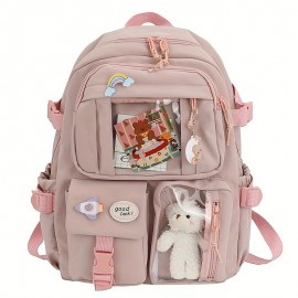 Kawaii Backpack, Clear Pocket Front School Bag, Casual Functional Travel Bookbag