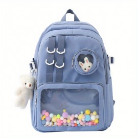 Kawaii Clear Pocket School Backpack, Back To School Bookbag, Lightweight Nylon Aesthetic Rucksack