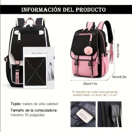 Large Capacity Cute Backpack With USB Charger Hole, Notebook Backpack For Students, Women's Canvas Backpack