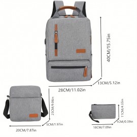 3Pcs Laptop Backpack Set, Functional Travel School Bag With Crossbody Bag & Wrist Bag