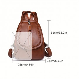 Retro PU Leather Flap Backpack, Soft Multi Pockets Sling Daypack, Fashion Chest Bag With Zipper Strap