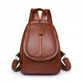 Retro PU Leather Flap Backpack, Soft Multi Pockets Sling Daypack, Fashion Chest Bag With Zipper Strap