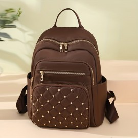 Casual Rivets Decor Women's Backpack, Argyle Pattern Ravel Storage Daypack, All-Match Nylon Rucksack