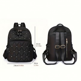 Casual Rivets Decor Women's Backpack, Argyle Pattern Ravel Storage Daypack, All-Match Nylon Rucksack