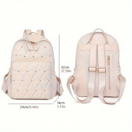 Casual Rivets Decor Women's Backpack, Argyle Pattern Ravel Storage Daypack, All-Match Nylon Rucksack