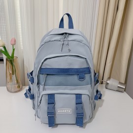 Preppy Backpack To School : Solid Color Zipper Storage Daypack - Simple Teenager Students Book Bag