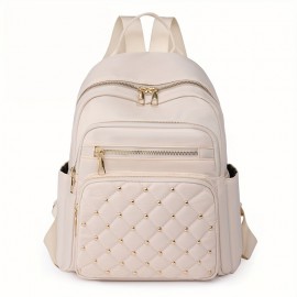 Casual Solid Color Backapck, Quilted Rivets Decor Rucksack, Zipper Women's Travel Rucksack