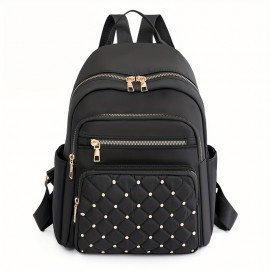 Casual Solid Color Backapck, Quilted Rivets Decor Rucksack, Zipper Women's Travel Rucksack