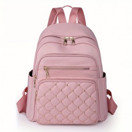 Casual Solid Color Backapck, Quilted Rivets Decor Rucksack, Zipper Women's Travel Rucksack