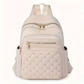 Casual Leisure Backapck, Argyle Pattern Rivets Decor Travel Daypack, Women's Trendy Backpack