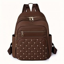 Casual Leisure Backapck, Argyle Pattern Rivets Decor Travel Daypack, Women's Trendy Backpack