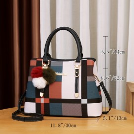 Color Stitching Plaid Crossbody Bag, PU Leather Textured Bag Purse, Classic Versatile Fashion Shoulder Bag