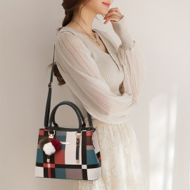 Color Stitching Plaid Crossbody Bag, PU Leather Textured Bag Purse, Classic Versatile Fashion Shoulder Bag