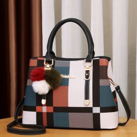 Color Stitching Plaid Crossbody Bag, PU Leather Textured Bag Purse, Classic Versatile Fashion Shoulder Bag