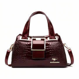 Crocodile Pattern Handbag, Women's Patent Leather Shoulder Bag, Casual Buckle Decor Crossbody Bag