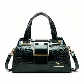 Crocodile Pattern Handbag, Women's Patent Leather Shoulder Bag, Casual Buckle Decor Crossbody Bag