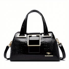 Crocodile Pattern Handbag, Women's Patent Leather Shoulder Bag, Casual Buckle Decor Crossbody Bag