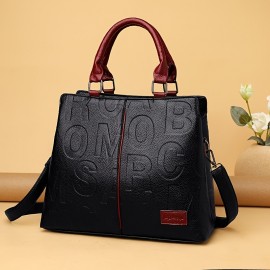 Letter Embossed Handbag, Trendy Faux Leather Shoulder Bag, Women's Double Handle Purse (8.4*8.6*3.5) Inch