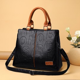 Letter Embossed Handbag, Trendy Faux Leather Shoulder Bag, Women's Double Handle Purse (8.4*8.6*3.5) Inch