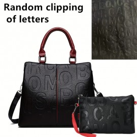 Letter Embossed Handbag, Trendy Faux Leather Shoulder Bag, Women's Double Handle Purse (8.4*8.6*3.5) Inch