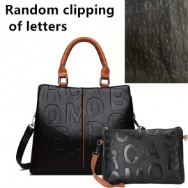 Letter Embossed Handbag, Trendy Faux Leather Shoulder Bag, Women's Double Handle Purse (8.4*8.6*3.5) Inch