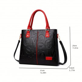 Letter Embossed Handbag, Trendy Colorblock Crossbody Bag, Women's Top Handle Purses