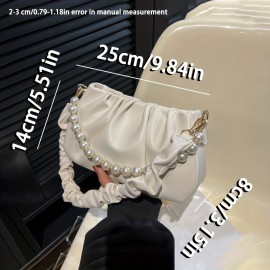 Ruched White Pearl Chain Decor Underarm Bag, Zipper Soft PU Leather Handbag, Solid Color Versatile Shoulder Bag