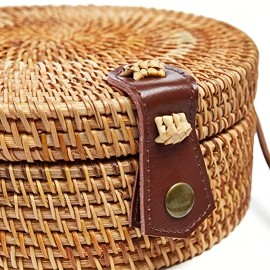 Small Round Straw Bag, Women's Simple Casual Crossbody Bag Versatile Straw Shoulder Bag