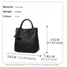 Luxury Flower Embossed Handbag, Fashion Genuine Leather Tote Bag, Women's Top Handle Purse