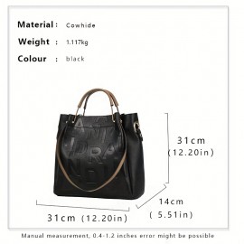 Letter Embossed Handbag For Women, Luxury Genuine Leather Tote Bag, Fashion Satchel Purse With Top Handle