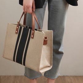 Striped Canvas Tote Bag, Simple Large Capacity Briefcase, Women's Work Shoulder Bag