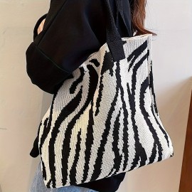 Fashion Knitted Tote Bag, Zebra Pattern Shoulder Bag, Women's Casual Handbag & Hobo Purse