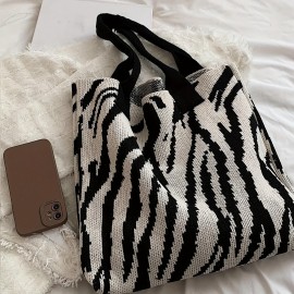 Fashion Knitted Tote Bag, Zebra Pattern Shoulder Bag, Women's Casual Handbag & Hobo Purse