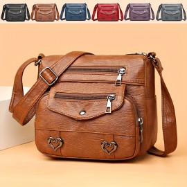 Retro Multi Pockets Crossbody Bag, Soft Faux Leather Shoulder Bag, Heart Decor Purse For Women