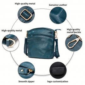 Women Genuine Leather Crossbody Bag, Retro Style Solid Color Bucket Bag, Multi Pockets Shoulder Purse