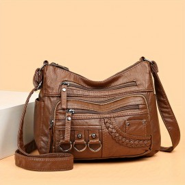 Solid Color Multi Zipper Bag, Vintage Soft Leather Shoulder Bag, Casual Crossbody Purse For Work