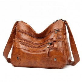 Solid Color Multi Zipper Bag, Vintage Soft Leather Shoulder Bag, Casual Crossbody Purse For Work