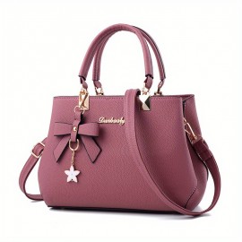 Fashion Bow Decor Handbags, Solid Color Satchel Purse, Women's PU Leather Crossbody Bag