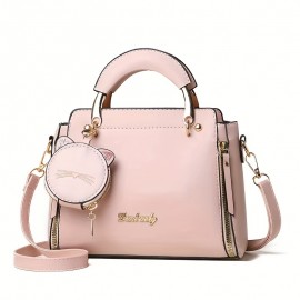 Trendy Multi-pocket PU Leather Tote Bag, Solid Color Shoulder Bag & Cat Coin Bag, Perfect Crossbody Bag For Everyday Use