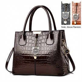 Crocodile Embossed Handbag, PU Leather Patent Shoulder Bag, Cute Cat Decor Double Handle Purse For Women