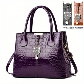 Crocodile Embossed Handbag, PU Leather Patent Shoulder Bag, Cute Cat Decor Double Handle Purse For Women