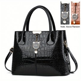 Crocodile Embossed Handbag, PU Leather Patent Shoulder Bag, Cute Cat Decor Double Handle Purse For Women