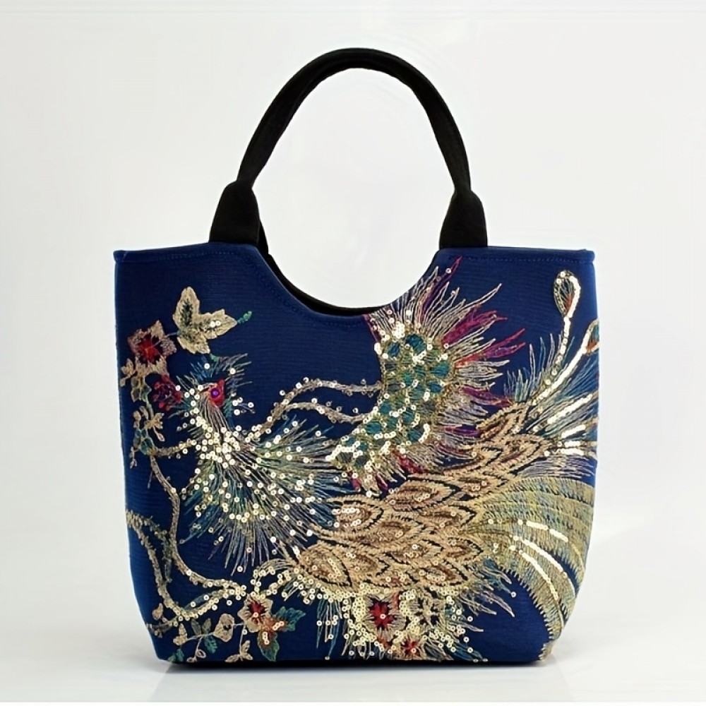 Ethnic Style Sequins Tote Bag, Peacock Embroidery Handbags, Vintage Canvas Crossbody Bag