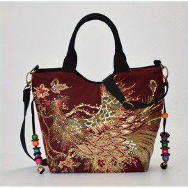 Ethnic Style Sequins Tote Bag, Peacock Embroidery Handbags, Vintage Canvas Crossbody Bag