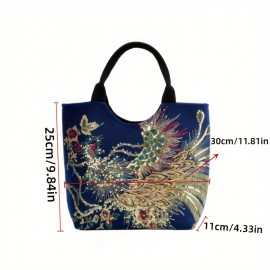 Ethnic Style Sequins Tote Bag, Peacock Embroidery Handbags, Vintage Canvas Crossbody Bag