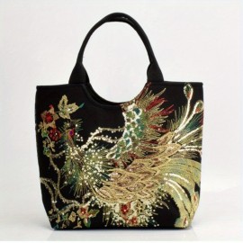 Ethnic Style Sequins Tote Bag, Peacock Embroidery Handbags, Vintage Canvas Crossbody Bag